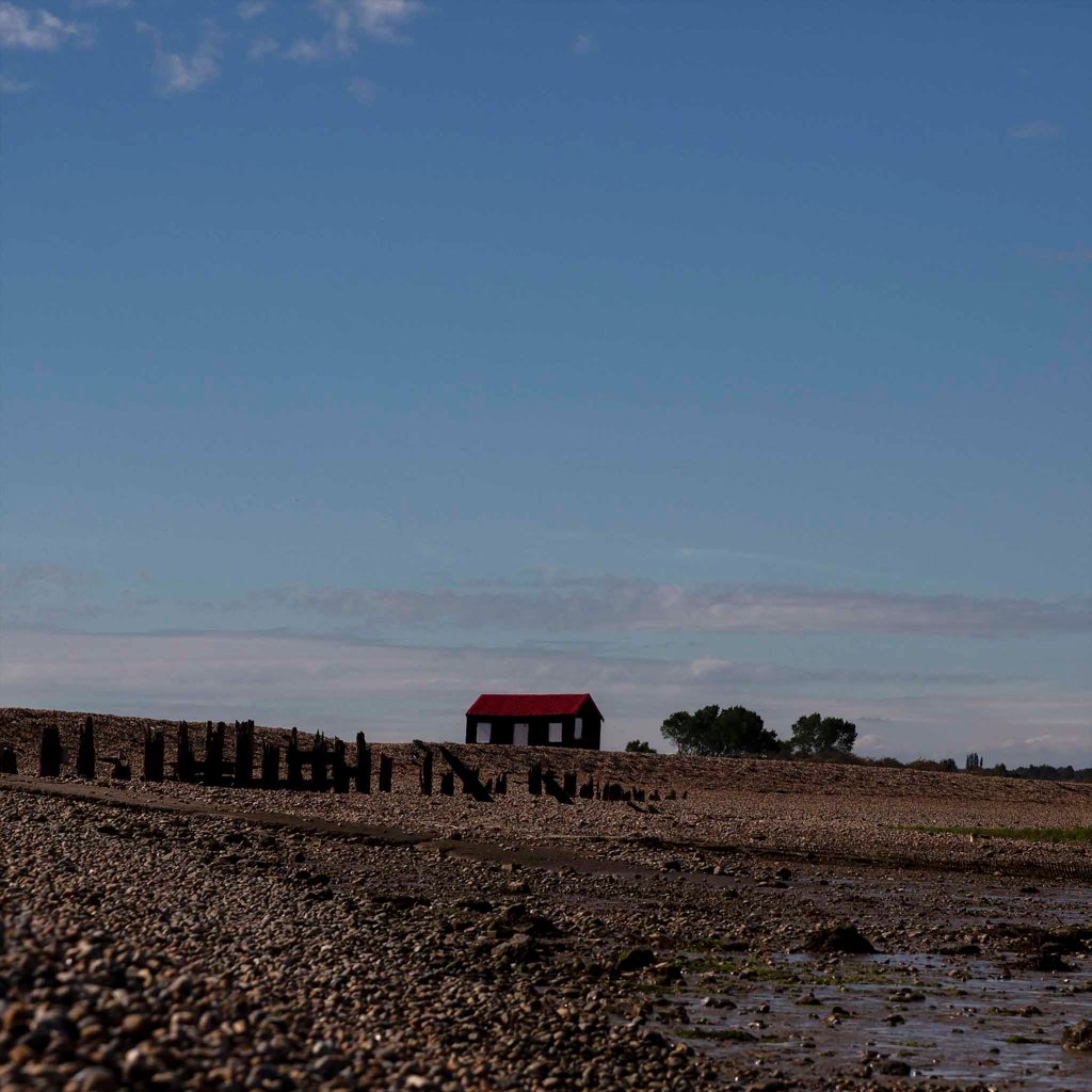hut red roof rye harbour, card for sale, photo clare hocter, coastal photo cards; east sussex, cards, coast
